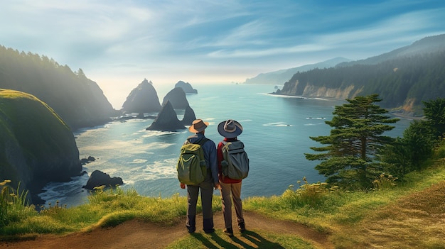 Senior couple admiring the scenic Pacific coast while hiking filled with wonder at the beauty of nature during their active retirement copy space for text