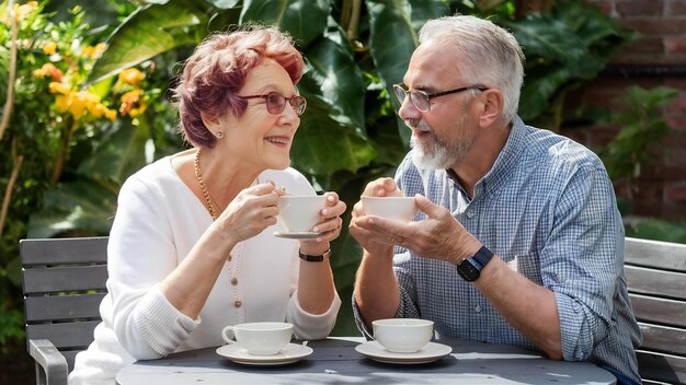 Photo senior couple afternoon tean drinking relax concept