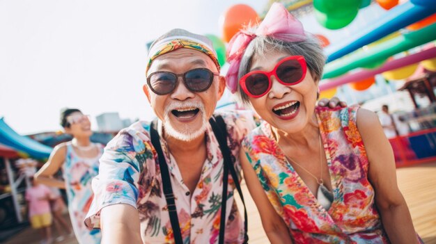 Senior couple at amusement park rides food fun retirement activity