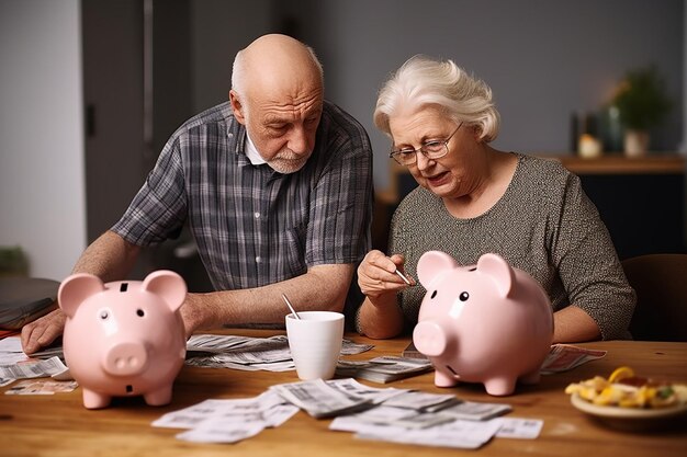 Foto una coppia di anziani che analizza i loro risparmi mentre esaminano le finanze domestiche