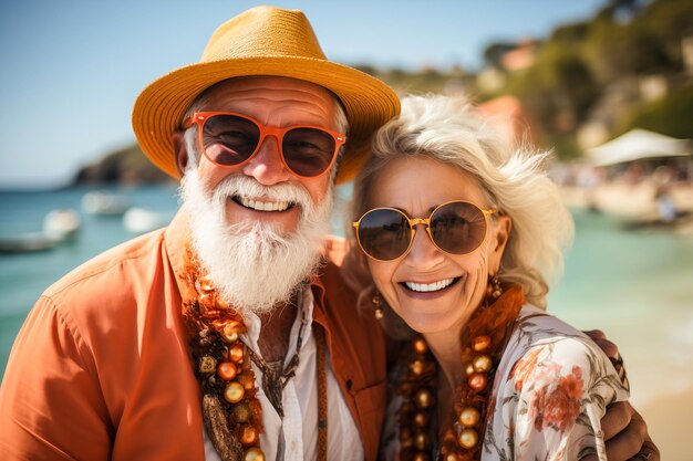 Foto coppia anziana sulla spiaggia sorridente indossa cappello e occhiali da sole