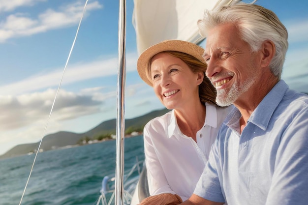 Senior couple in boat sailing luxury yacht during active retirement with plan life insurance of happ