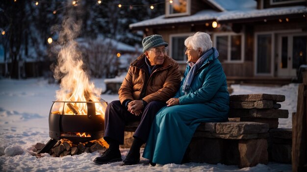 Senior Couple Cozied Up by the Outdoor Fireplace in the Evening