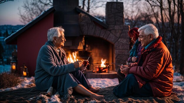 Senior Couple Cozied Up by the Outdoor Fireplace in the Evening