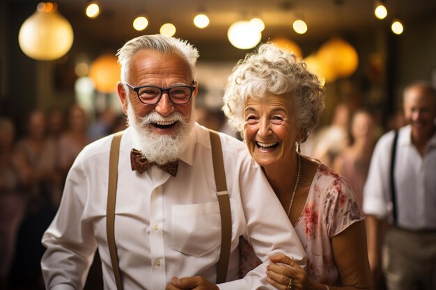 senior couple dancing and smiling at camera