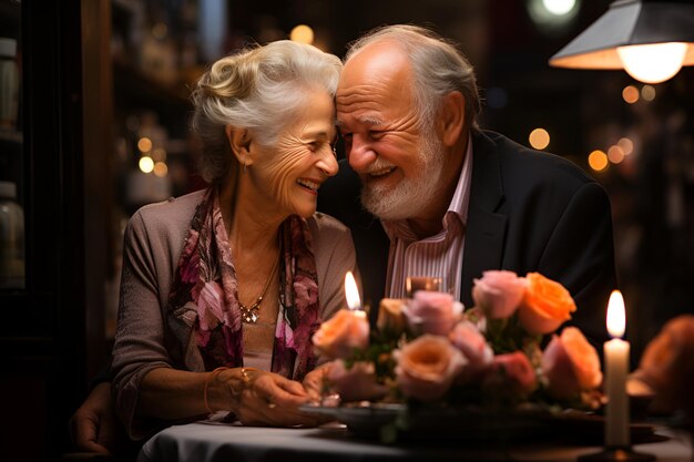 Photo a senior couple embraces affectionately while enjoying a candlelit dinner at a restaurant