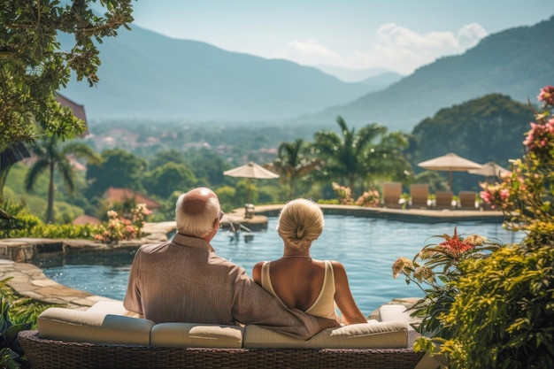 Senior couple enjoying a leisurely afternoon view of lush gardens infinity pool and mountain