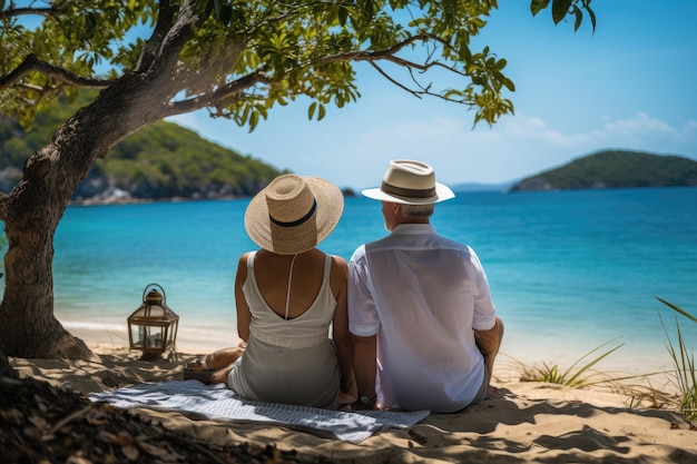 Senior couple enjoying a private picnic on a secluded sandy cove at a hidden paradise beach