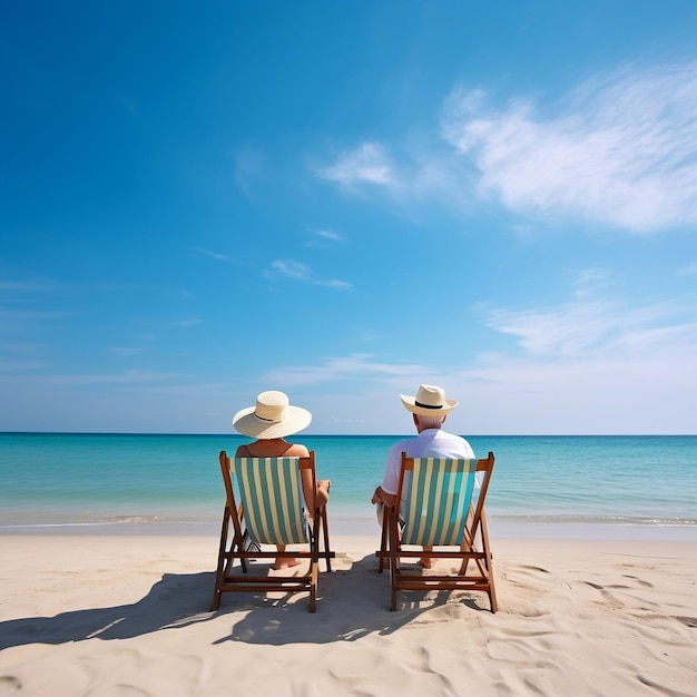 Пожилая пара наслаждается расслабляющим отдыхом на пляже Генеративный ИИ