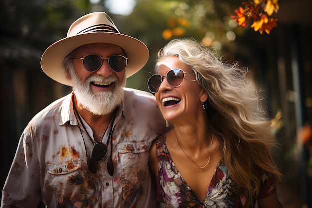 Senior couple enjoying spending time together having fun travel in the city happiness in retirement