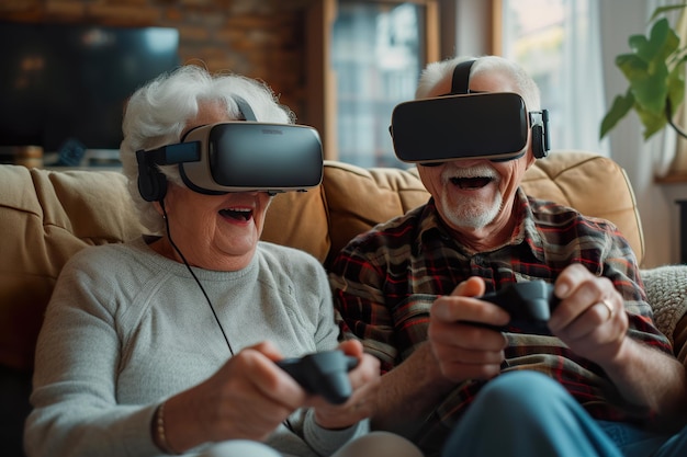 Senior Couple Enjoying Virtual Reality Games at HomexA