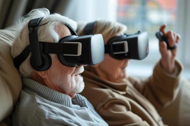 高齢のカップルがホームエックスAで仮想現実ゲームを楽しんでいます