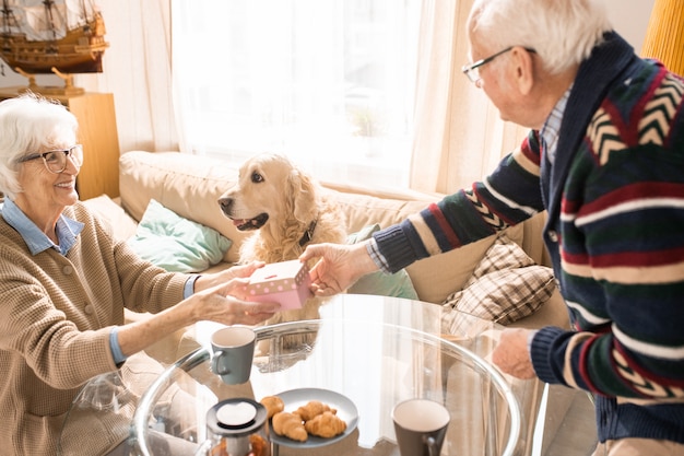 Senior Couple Exchanging Presents at Home