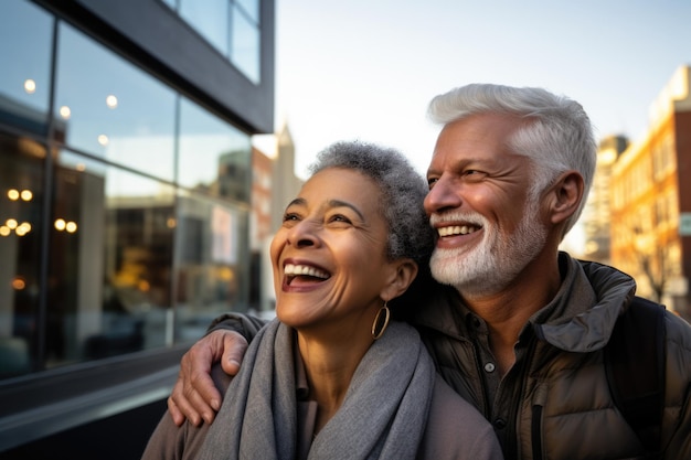 Старшая пара счастливое выражение лица на открытом воздухе в городе, созданное AI