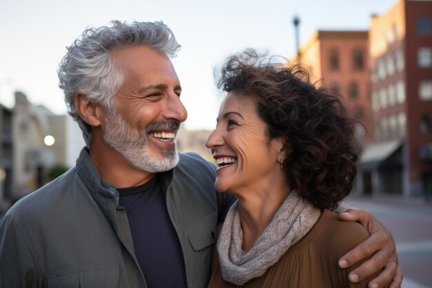Старшая пара счастливое выражение лица на открытом воздухе в городе, созданное AI