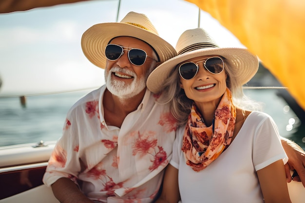 Senior couple happy smiling on a Yacht enjoying a summer boat cruise sunglasses and hat