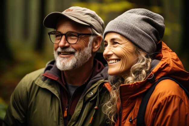 Senior couple has joying the green beautiful nature woods forest around her concept healthy natural