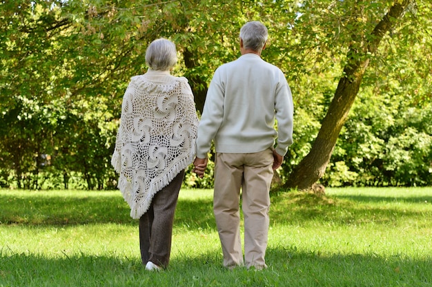 Senior couple have a walk in autumn forest