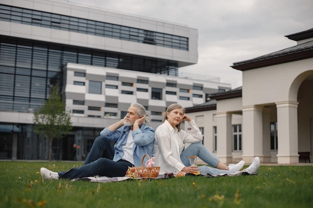 Senior couple having a great time on a picnic in summer