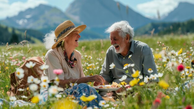 Senior couple having picnic in the meadow They are looking at each other and smiling