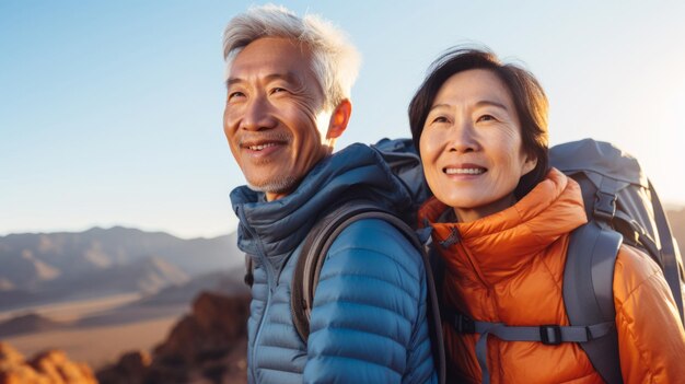 Senior couple hiking travel lifestyle healthy active retirement on vacation