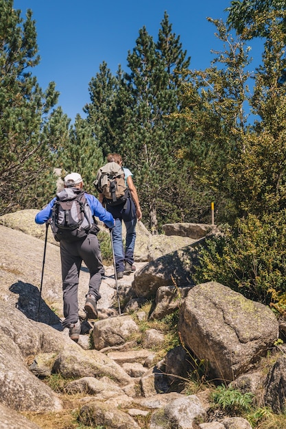 Senior couple hiking up the mountain together