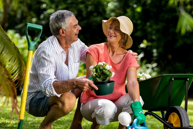 庭で植木鉢を保持している年配のカップル
