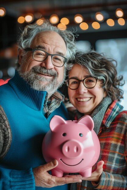 Senior couple holding pink piggy bank symbolizing commitment to retirement savings