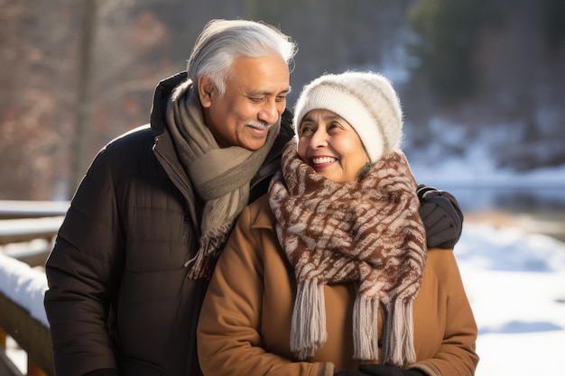 Senior Couple hugging to each other and enjoying holiday in winter season