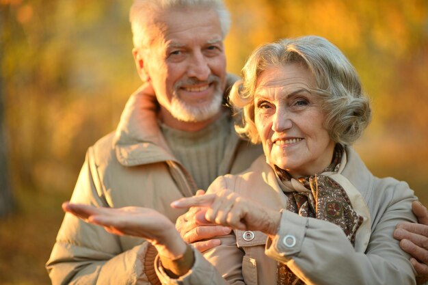 Senior couple hugging in park