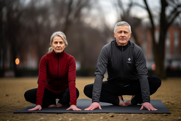 Senior couple is doing yoga outdoors