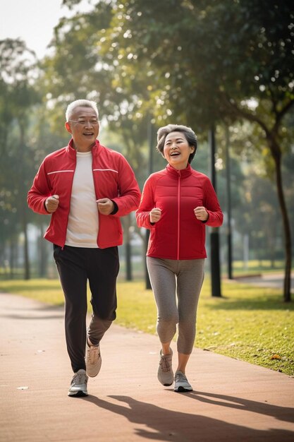 Photo a senior couple is jogging and laughing in the park