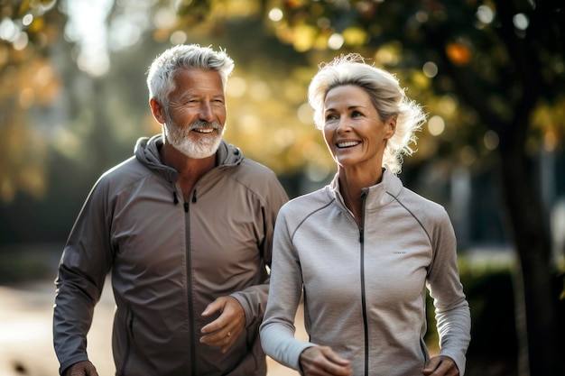 Senior couple jogging in the summer park They are looking at camera and smiling