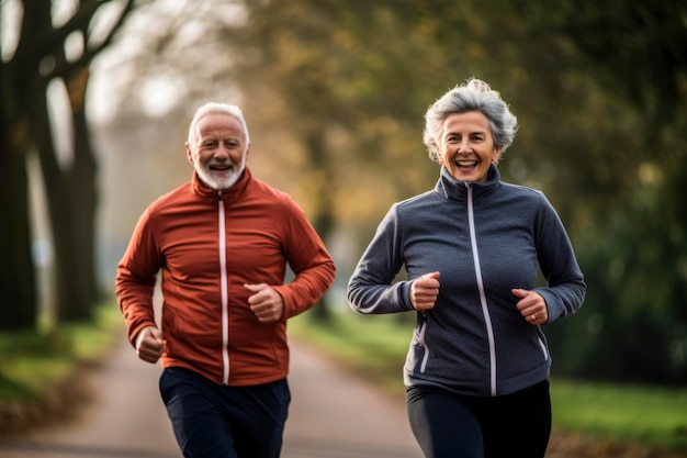 Senior couple jogging together in park