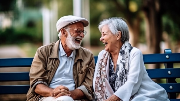 Senior couple laughing while conversing in the park idea of friendship fun and leisure Generative AI
