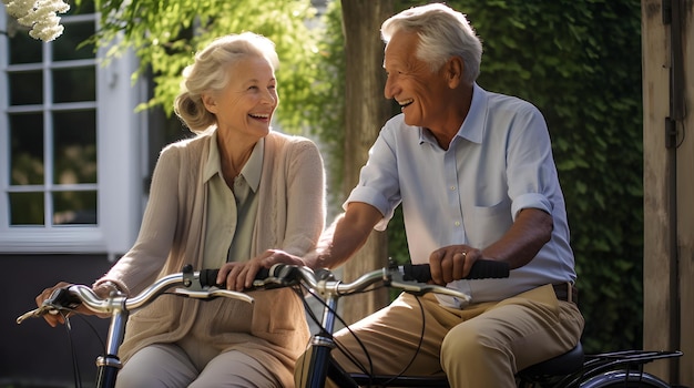 Photo senior couple on a leisurely bike ride through a quaint village