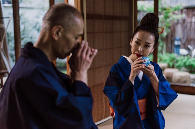 Senior couple lifestyle moments in a traditional japanese house