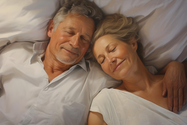 senior couple lying on a bed top view Generative AI