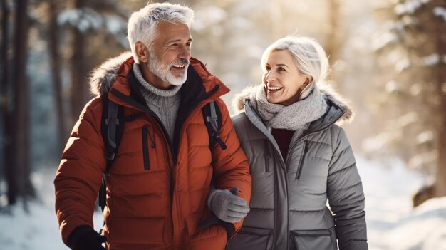 Senior couple man and woman walking in winter snowy forest