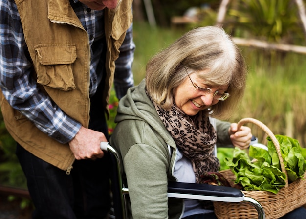 Foto coppie senior che piantano le verdure al cortile del giardino