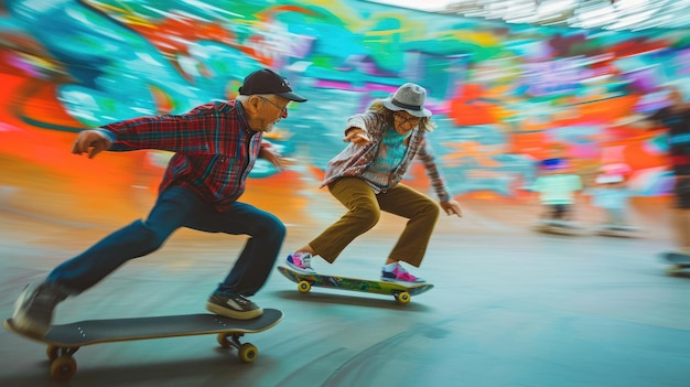 사진 시니어 커플이 스케이트보드 파크 프라그마에서 놀고 있습니다.