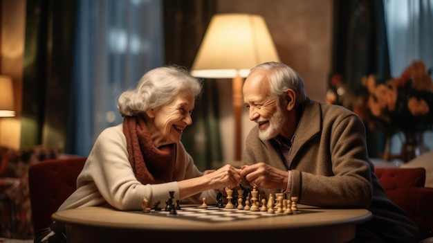 Старшая пара играет в шахматы, момент счастья