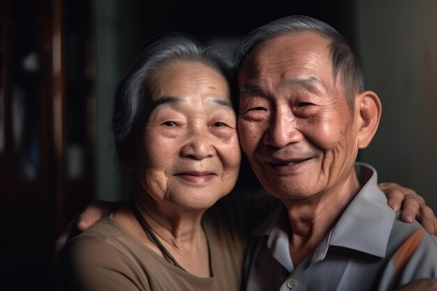 노인 부부의 초상화와 행복한 미소로 집에서 포옹하고 은퇴를 위한 배려