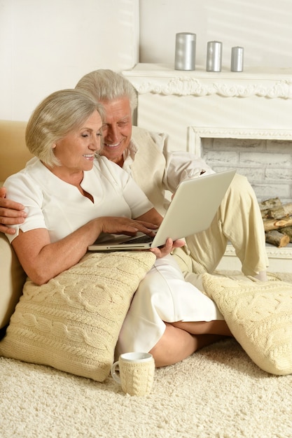 Senior couple portrait with laptop at home