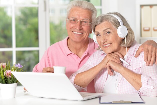 Senior couple portrait with laptop at home