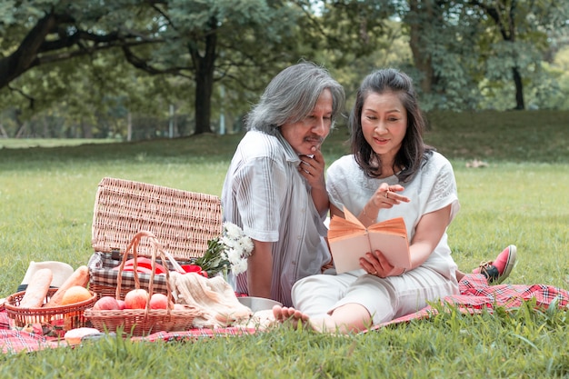 Senior couple reading book and picnic at park.