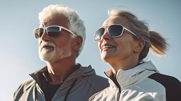 Senior couple relaxing in the sun outside while wearing sportswear Generative AI