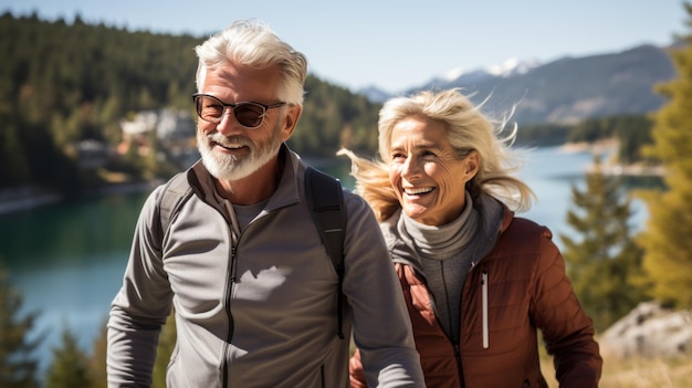 Senior couple riding bicycles together on a scenic route