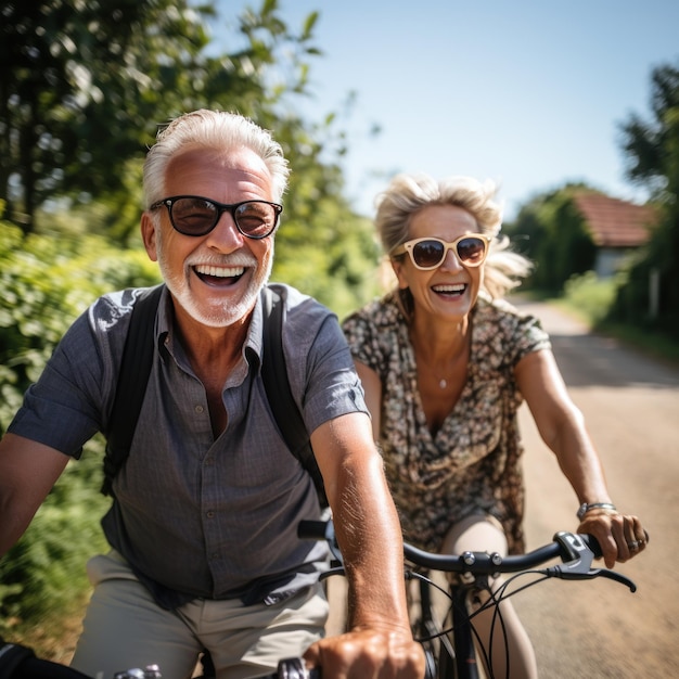 Senior couple riding bicycles together on a scenic route