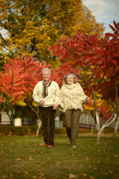 Senior couple running in park